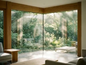 Frameless floor-to-ceiling glass corner opening framing a lush garden, with oak timber edges and polished concrete flooring bathed in morning light.