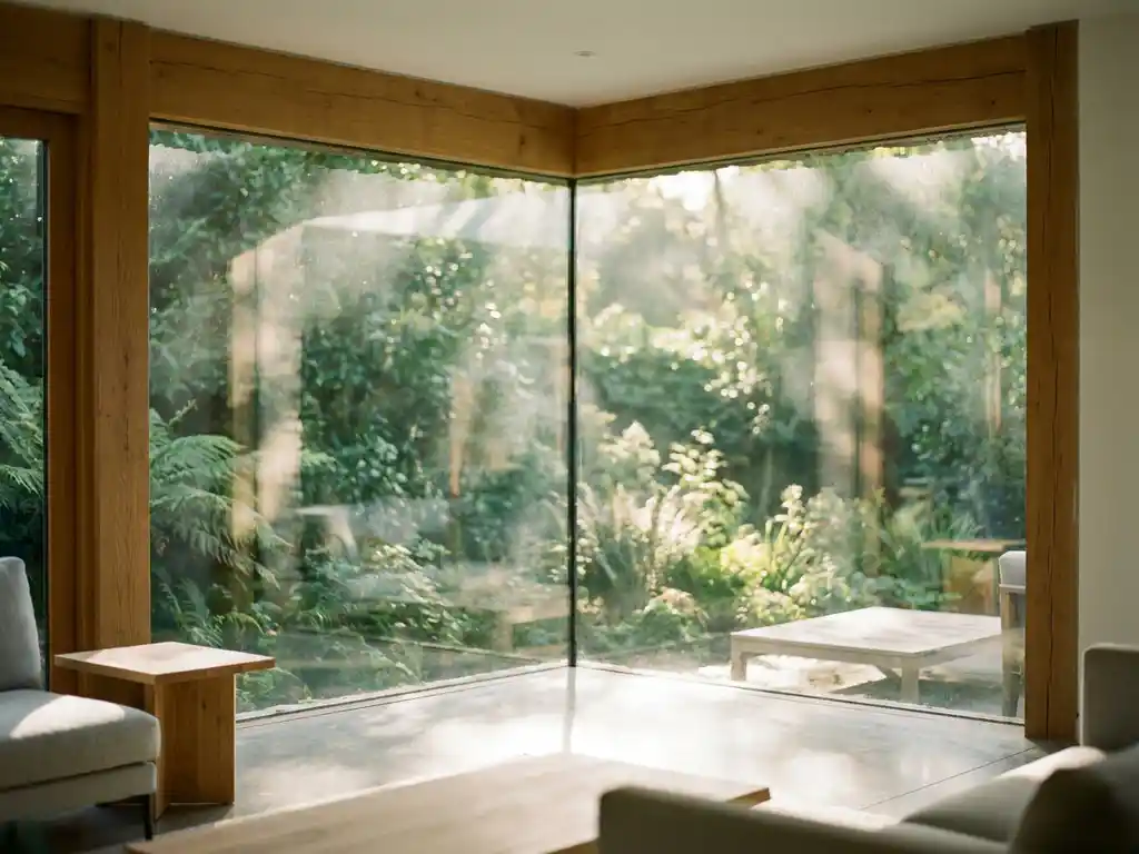 Frameless floor-to-ceiling glass corner opening framing a lush garden, with oak timber edges and polished concrete flooring bathed in morning light.
