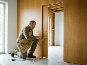 Master carpenter measuring a pocket sliding door flush with a honey oak wall, wood shavings and tape measure on the sunlit floor nearby.