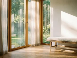 Slender-framed wood window flooding a minimal interior with golden sunlight pooling on pale oak floorboards, blurred garden beyond.
