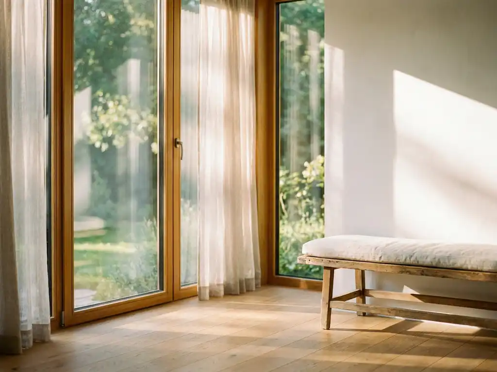 Slender-framed wood window flooding a minimal interior with golden sunlight pooling on pale oak floorboards, blurred garden beyond.