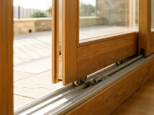 Oak lift-and-slide door gliding on brushed aluminum track, opening to a sunlit stone terrace in warm afternoon light.