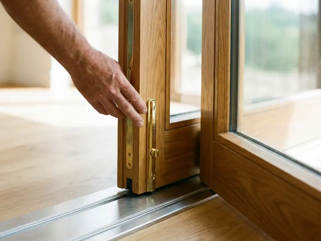 Carpenter's hand on a honey oak sliding door gliding along a polished stainless steel track, with brass hardware and natural wood grain detail.