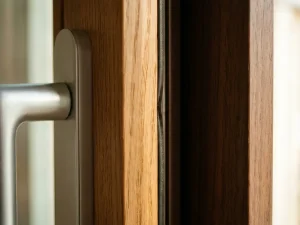 Oak sliding panel door compression seal gasket making flush contact with frame, brushed aluminum hardware, tight hairline gap closure in natural light.